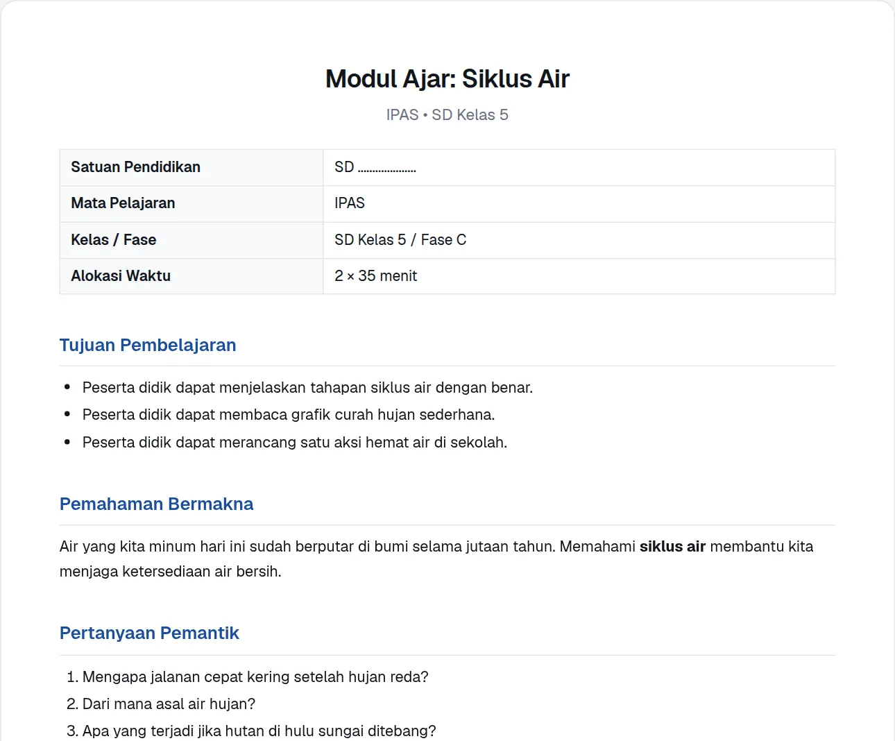 Modul ajar Siklus Air dengan tabel identitas, tujuan pembelajaran, pemahaman bermakna, dan pertanyaan pemantik